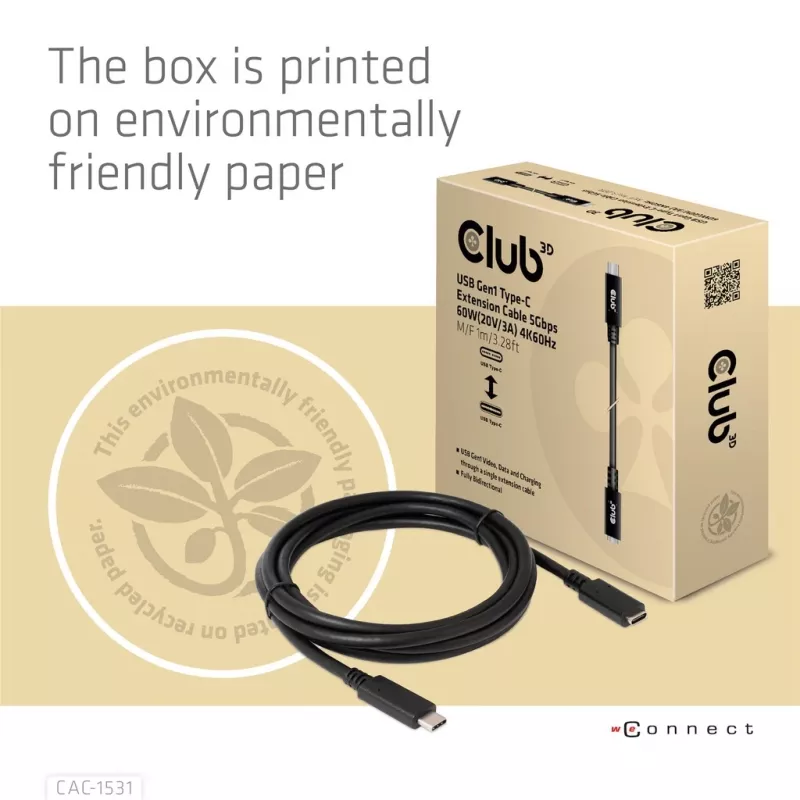 Cabo de extensão USB Gen1 Type-C CLUB3D CAC-1531, 1 m, USB-C macho para 2× USB-C fêmea, 5 Gbps, 60 W PD, 4K@60Hz