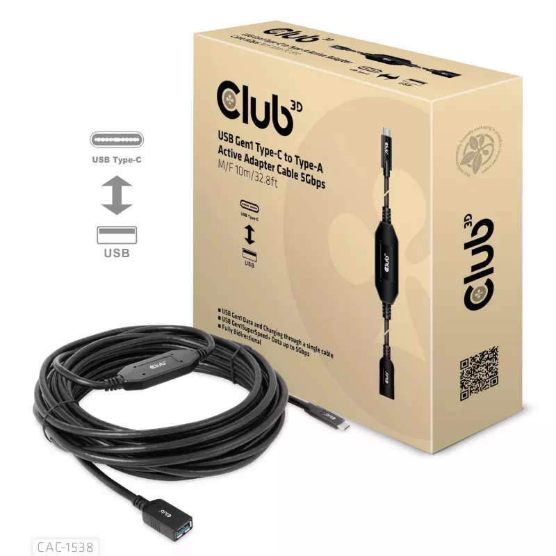 Club 3D CAC-1538 cabo ativo USB-C para USB-A, USB 3.2 Gen1 5 Gbps, macho/fêmea, 10 m, preto