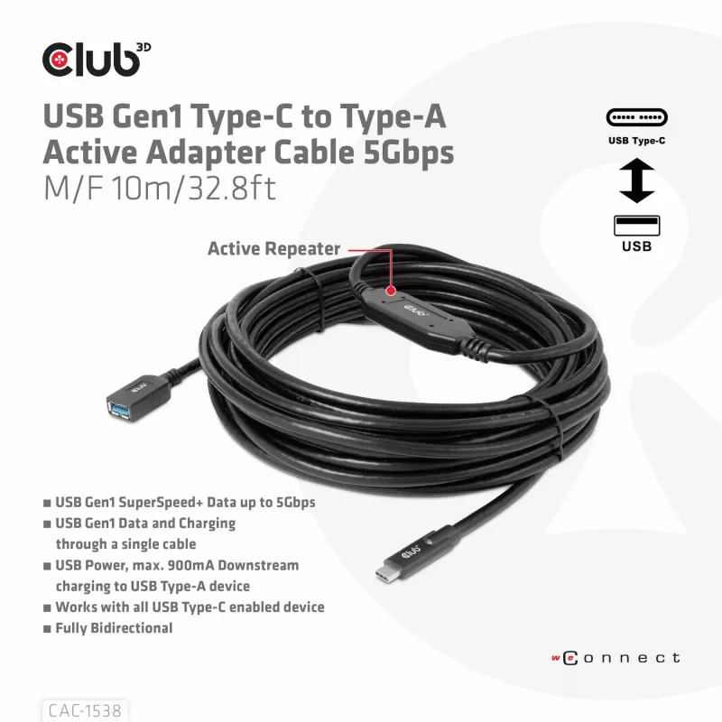 Club 3D CAC-1538 cabo ativo USB-C para USB-A, USB 3.2 Gen1 5 Gbps, macho/fêmea, 10 m, preto