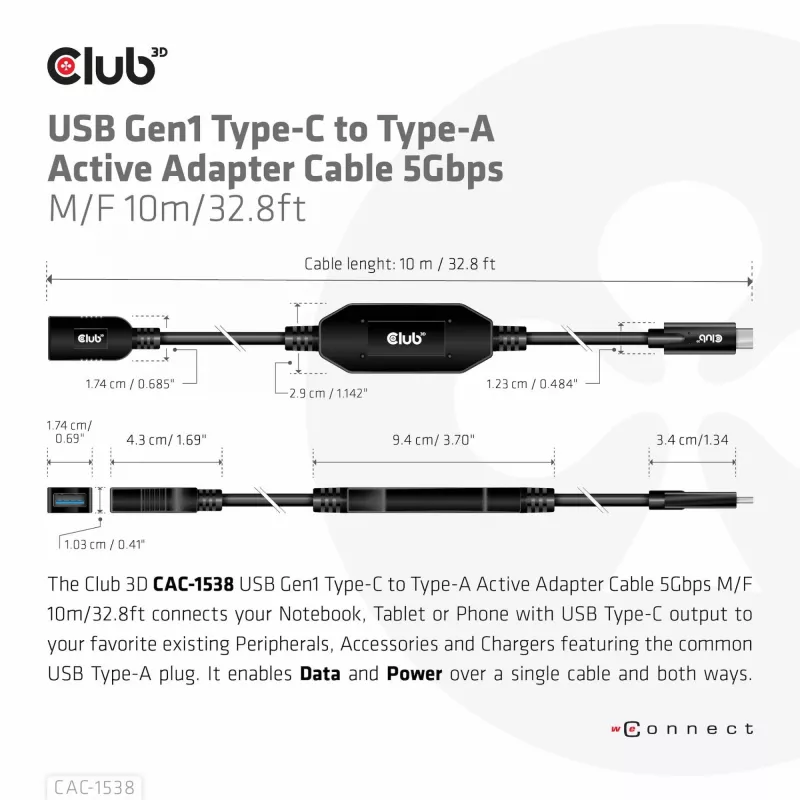 Club 3D CAC-1538 cabo ativo USB-C para USB-A, USB 3.2 Gen1 5 Gbps, macho/fêmea, 10 m, preto