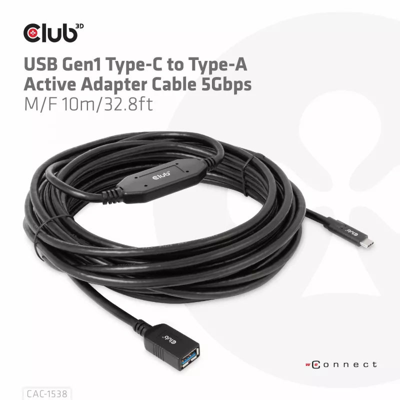 Club 3D CAC-1538 cabo ativo USB-C para USB-A, USB 3.2 Gen1 5 Gbps, macho/fêmea, 10 m, preto