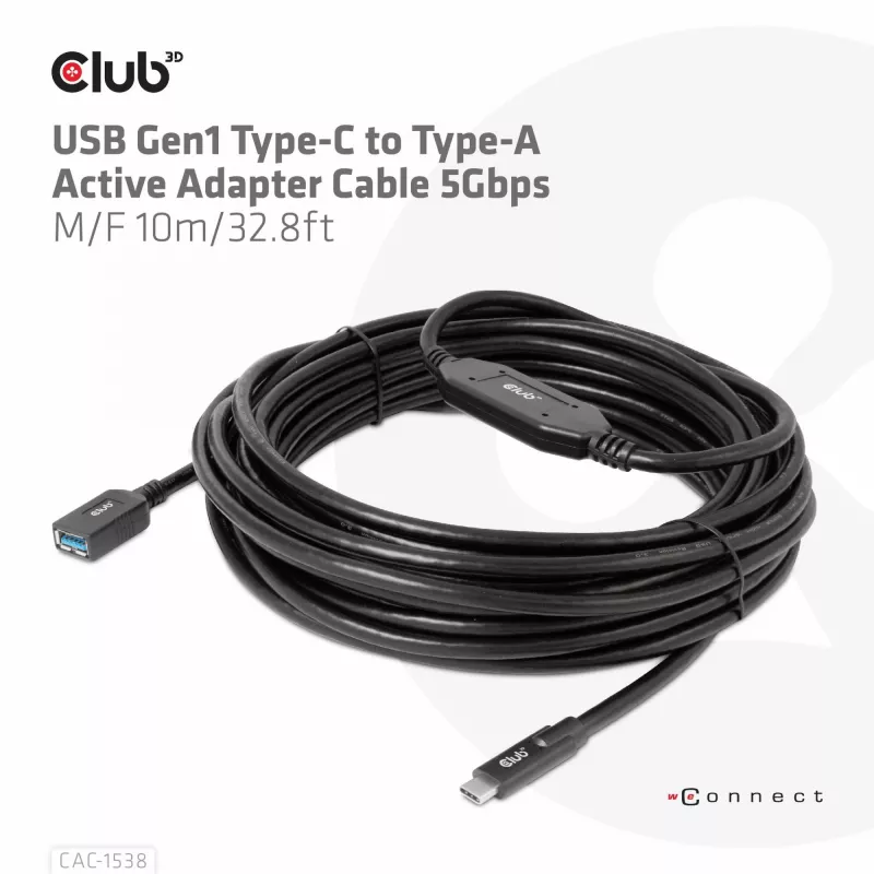 Club 3D CAC-1538 cabo ativo USB-C para USB-A, USB 3.2 Gen1 5 Gbps, macho/fêmea, 10 m, preto