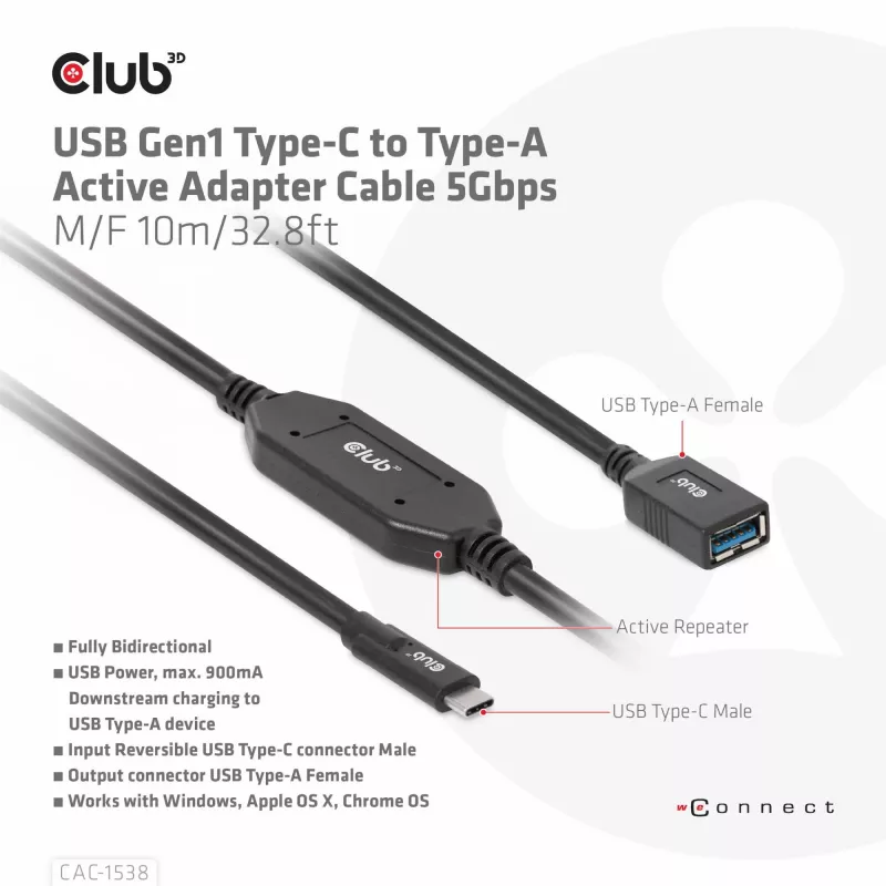 Club 3D CAC-1538 cabo ativo USB-C para USB-A, USB 3.2 Gen1 5 Gbps, macho/fêmea, 10 m, preto