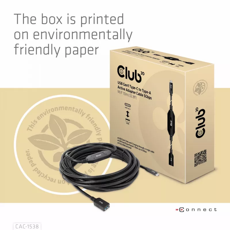 Club 3D CAC-1538 cabo ativo USB-C para USB-A, USB 3.2 Gen1 5 Gbps, macho/fêmea, 10 m, preto