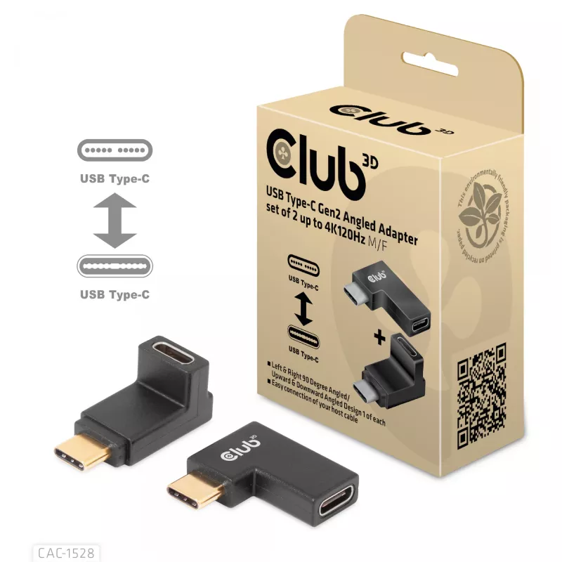 Conjunto de adaptadores USB Type-C Gen2 em ângulo, 2 unid. CLUB3D CAC-1528 — USB-C para USB-C, suporta 4K@120Hz