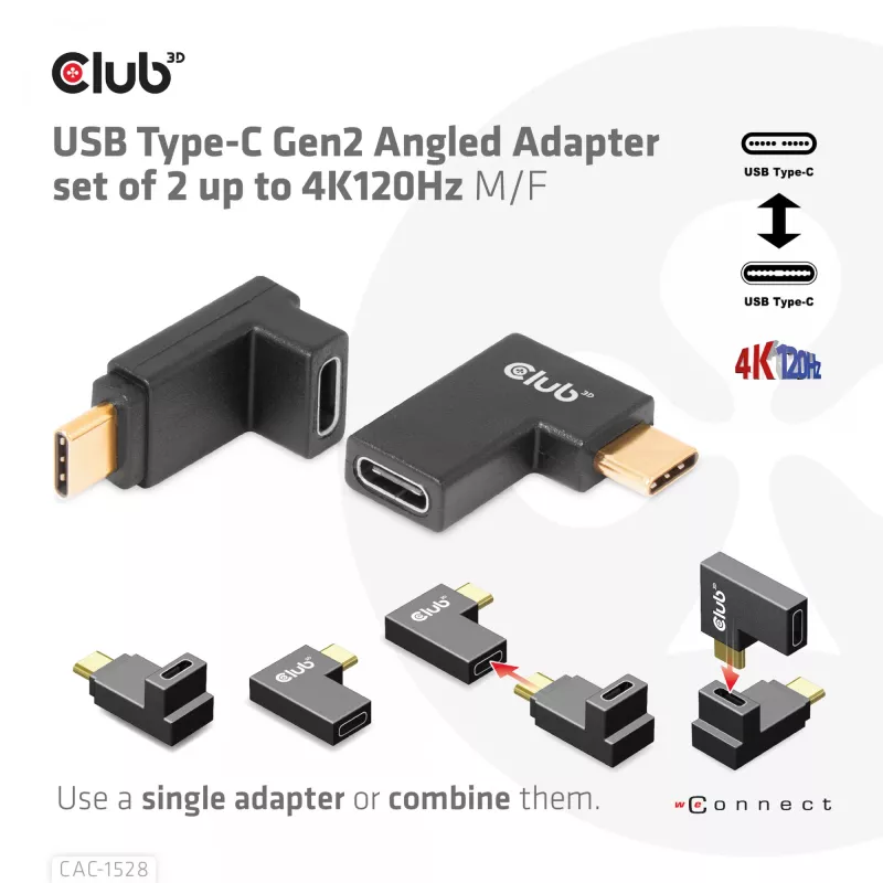 Conjunto de adaptadores USB Type-C Gen2 em ângulo, 2 unid. CLUB3D CAC-1528 — USB-C para USB-C, suporta 4K@120Hz