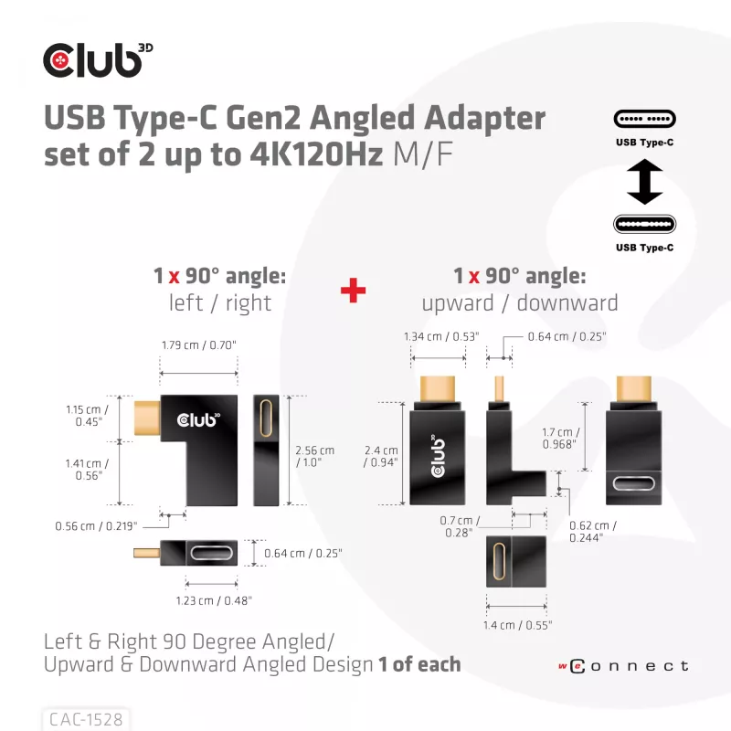Conjunto de adaptadores USB Type-C Gen2 em ângulo, 2 unid. CLUB3D CAC-1528 — USB-C para USB-C, suporta 4K@120Hz