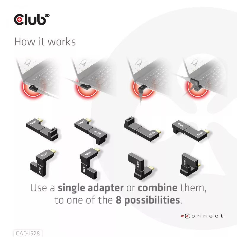 Conjunto de adaptadores USB Type-C Gen2 em ângulo, 2 unid. CLUB3D CAC-1528 — USB-C para USB-C, suporta 4K@120Hz