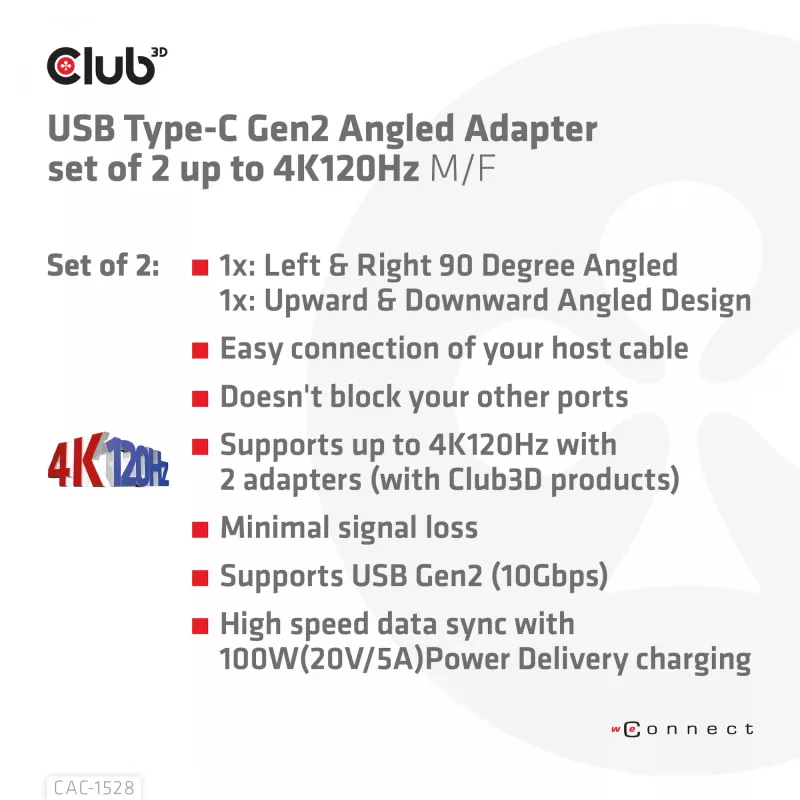 Conjunto de adaptadores USB Type-C Gen2 em ângulo, 2 unid. CLUB3D CAC-1528 — USB-C para USB-C, suporta 4K@120Hz