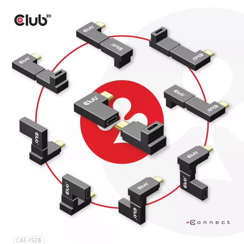 Conjunto de adaptadores USB Type-C Gen2 em ângulo, 2 unid. CLUB3D CAC-1528 — USB-C para USB-C, suporta 4K@120Hz