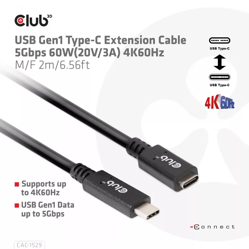 Cabo de extensão USB Gen1 Type-C CLUB3D 5 Gbit/s 60 W (20 V/3 A) 4K60Hz M/F 2 m/6,56 ft