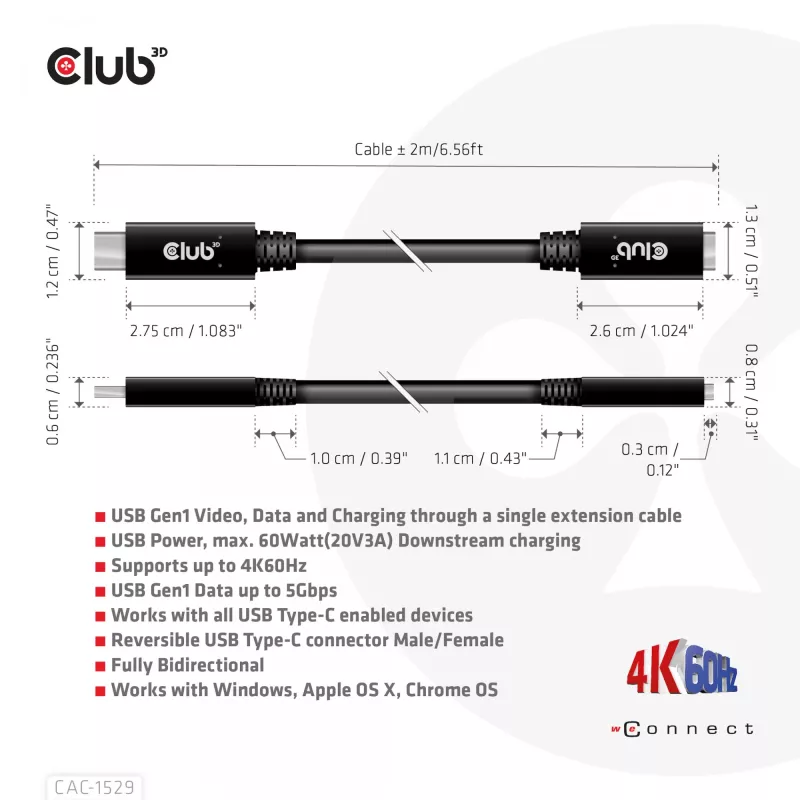 Cabo de extensão USB Gen1 Type-C CLUB3D 5 Gbit/s 60 W (20 V/3 A) 4K60Hz M/F 2 m/6,56 ft