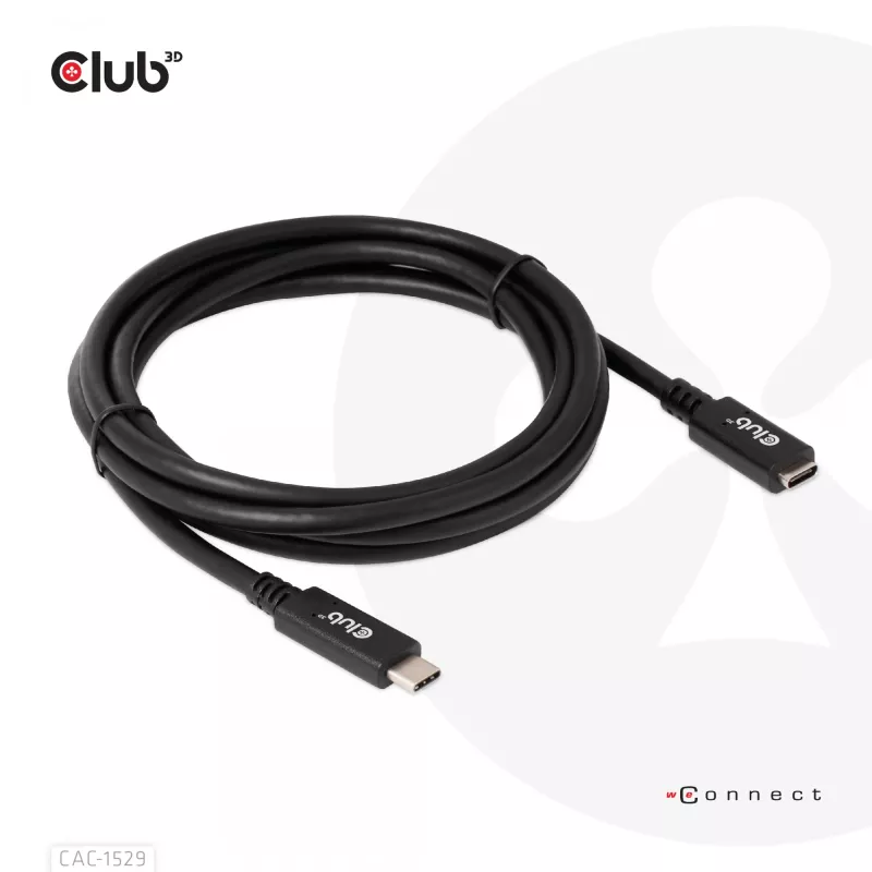 Cabo de extensão USB Gen1 Type-C CLUB3D 5 Gbit/s 60 W (20 V/3 A) 4K60Hz M/F 2 m/6,56 ft
