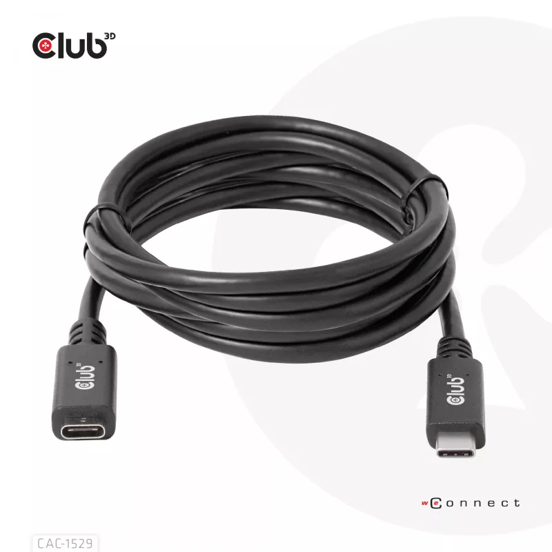 Cabo de extensão USB Gen1 Type-C CLUB3D 5 Gbit/s 60 W (20 V/3 A) 4K60Hz M/F 2 m/6,56 ft