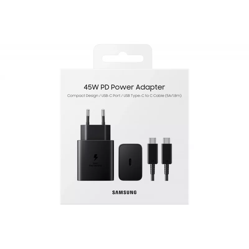 Carregador AC universal Samsung EP-T4510 para interiores com carregamento rápido 45W USB-C PD 3.0 Preto