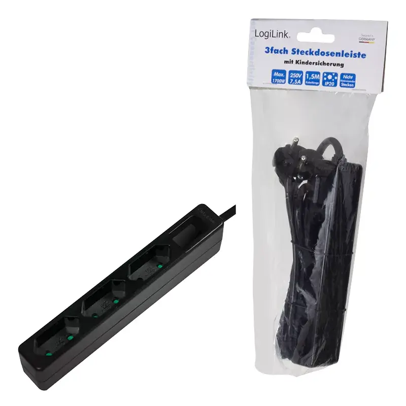 Extensão elétrica LogiLink LPS229B 1,5 m 3 tomadas AC para interiores Preto