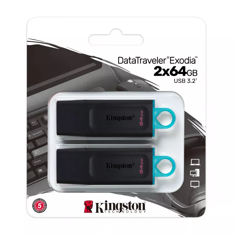 Kingston DataTraveler Exodia pen USB 3.2 Gen 1 de 64 GB, 2 un., preto/turquesa