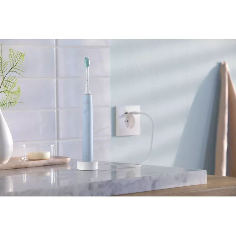 Escova de dentes elétrica sónica Philips HX3651/12 — modo suave, bateria de iões de lítio integrada, 1 cabeça de escova, branco/azul