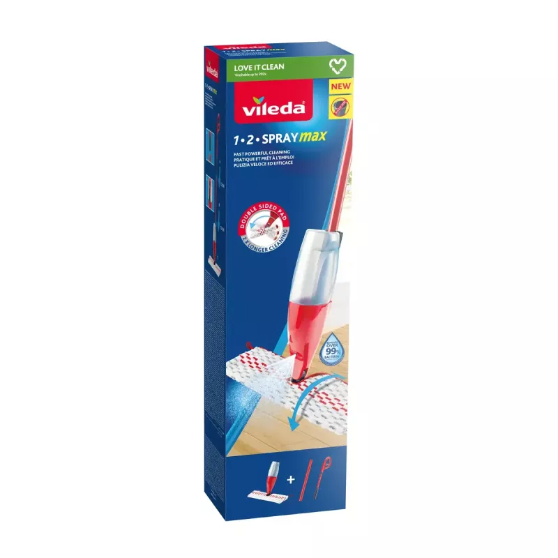 Mopa VILEDA Spray Max Microfibra Seco & Húmido — cabeça de plástico, depósito de água 0,6 l, antibacteriana, branco/vermelho
