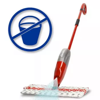 Mopa VILEDA Spray Max Microfibra Seco & Húmido — cabeça de plástico, depósito de água 0,6 l, antibacteriana, branco/vermelho
