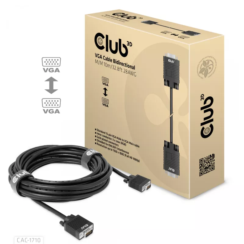 Club 3D CAC-1710 cabo VGA HD-15 macho/macho, bidirecional, 10 m, 1080p, preto