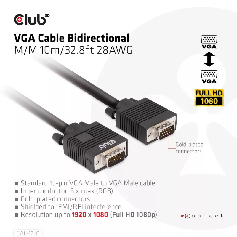 Club 3D CAC-1710 cabo VGA HD-15 macho/macho, bidirecional, 10 m, 1080p, preto