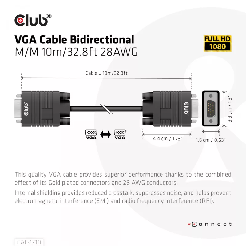 Club 3D CAC-1710 cabo VGA HD-15 macho/macho, bidirecional, 10 m, 1080p, preto