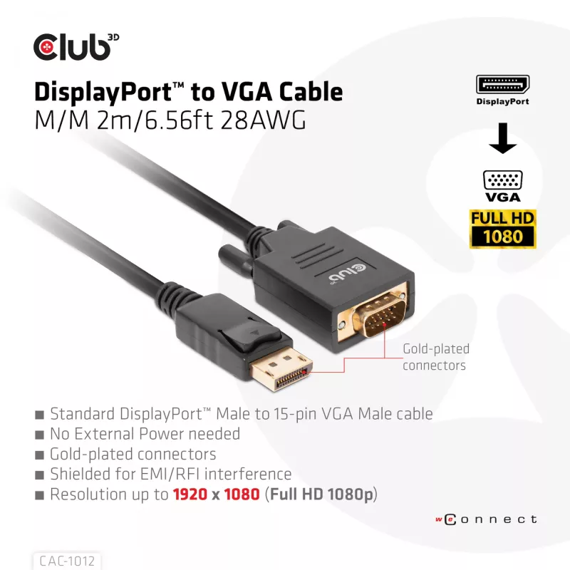 Cabo DisplayPort para VGA M/M CLUB3D CAC-1012 2m