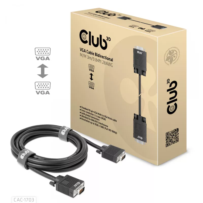 Cabo VGA bidirecional M/M 3 m 28AWG CLUB3D CAC-1703