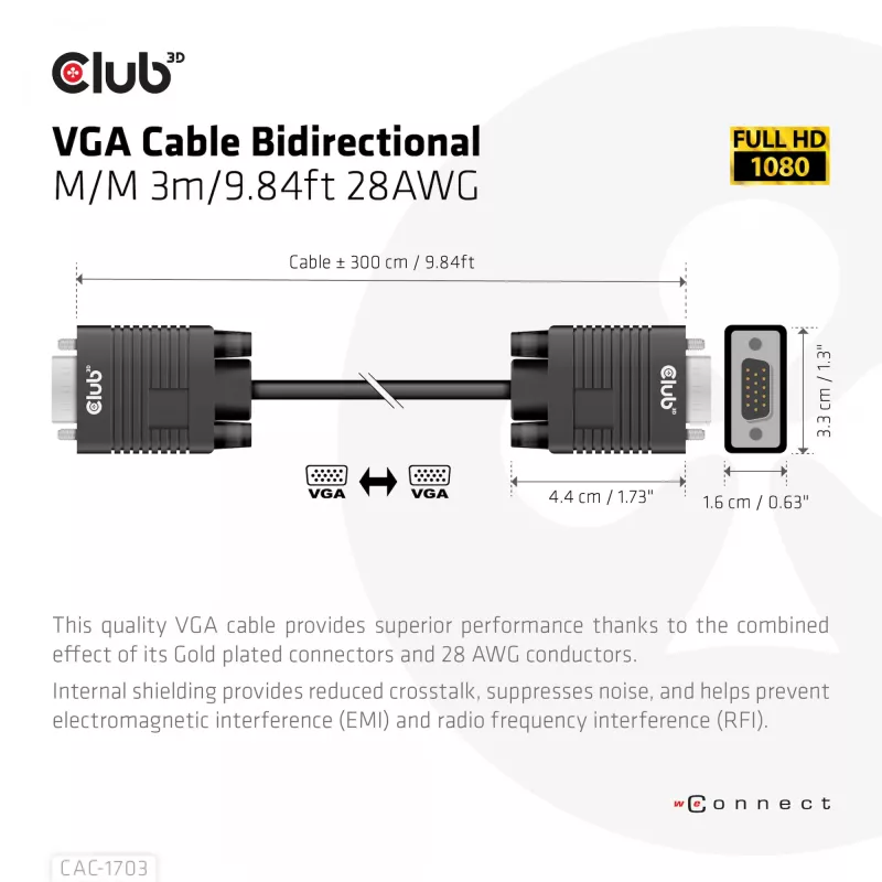 Cabo VGA bidirecional M/M 3 m 28AWG CLUB3D CAC-1703