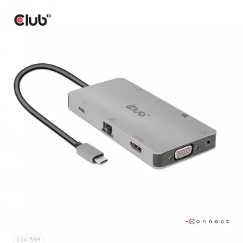 Hub USB Gen1 Type-C 9 em 1 CLUB3D com HDMI, VGA, 2x USB Gen1 Type-A, RJ45, slots para cartões SD/Micro SD e conector fêmea USB Gen1 Type-C