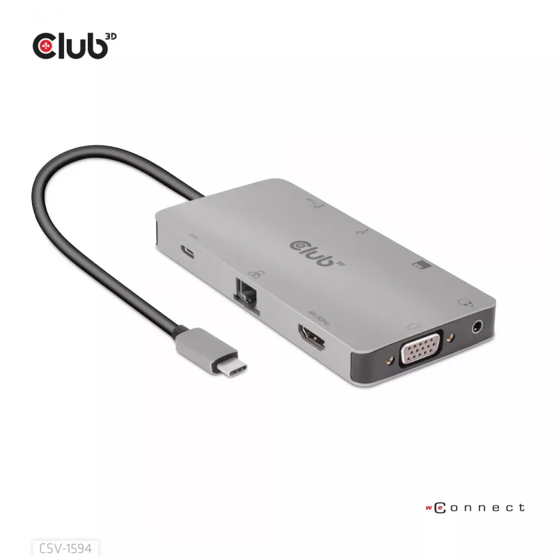 Hub USB Gen1 Type-C 9 em 1 CLUB3D com HDMI, VGA, 2x USB Gen1 Type-A, RJ45, slots para cartões SD/Micro SD e conector fêmea USB Gen1 Type-C