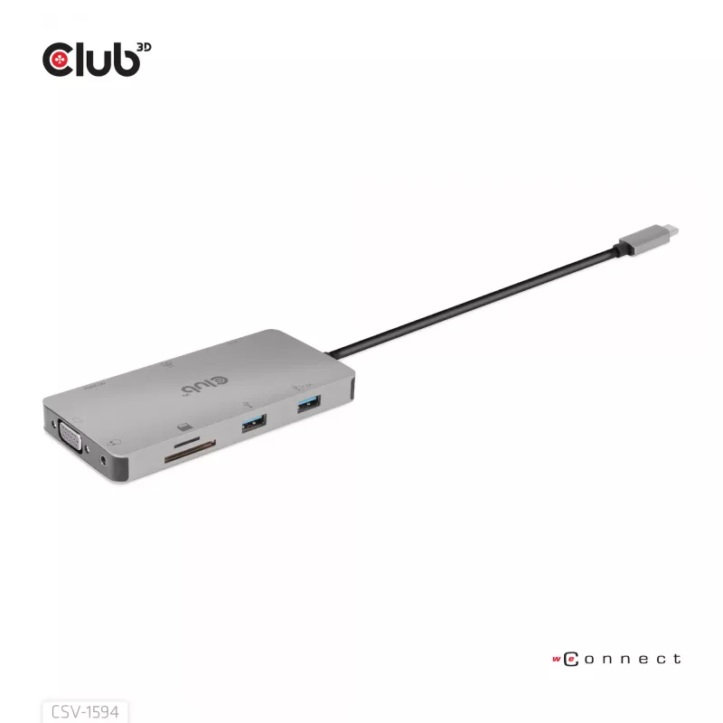 Hub USB Gen1 Type-C 9 em 1 CLUB3D com HDMI, VGA, 2x USB Gen1 Type-A, RJ45, slots para cartões SD/Micro SD e conector fêmea USB Gen1 Type-C