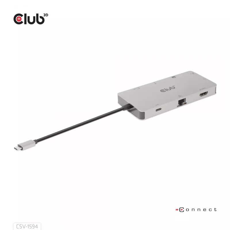 Hub USB Gen1 Type-C 9 em 1 CLUB3D com HDMI, VGA, 2x USB Gen1 Type-A, RJ45, slots para cartões SD/Micro SD e conector fêmea USB Gen1 Type-C