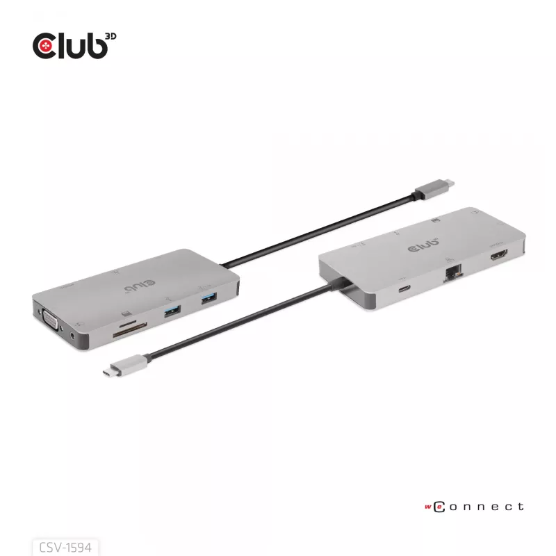 Hub USB Gen1 Type-C 9 em 1 CLUB3D com HDMI, VGA, 2x USB Gen1 Type-A, RJ45, slots para cartões SD/Micro SD e conector fêmea USB Gen1 Type-C