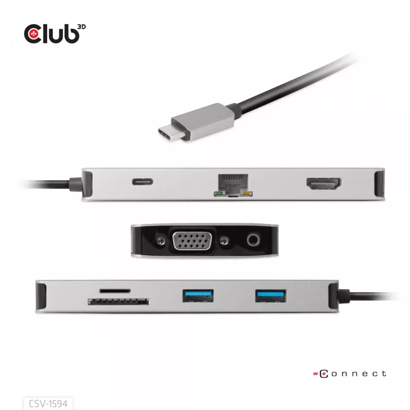 Hub USB Gen1 Type-C 9 em 1 CLUB3D com HDMI, VGA, 2x USB Gen1 Type-A, RJ45, slots para cartões SD/Micro SD e conector fêmea USB Gen1 Type-C