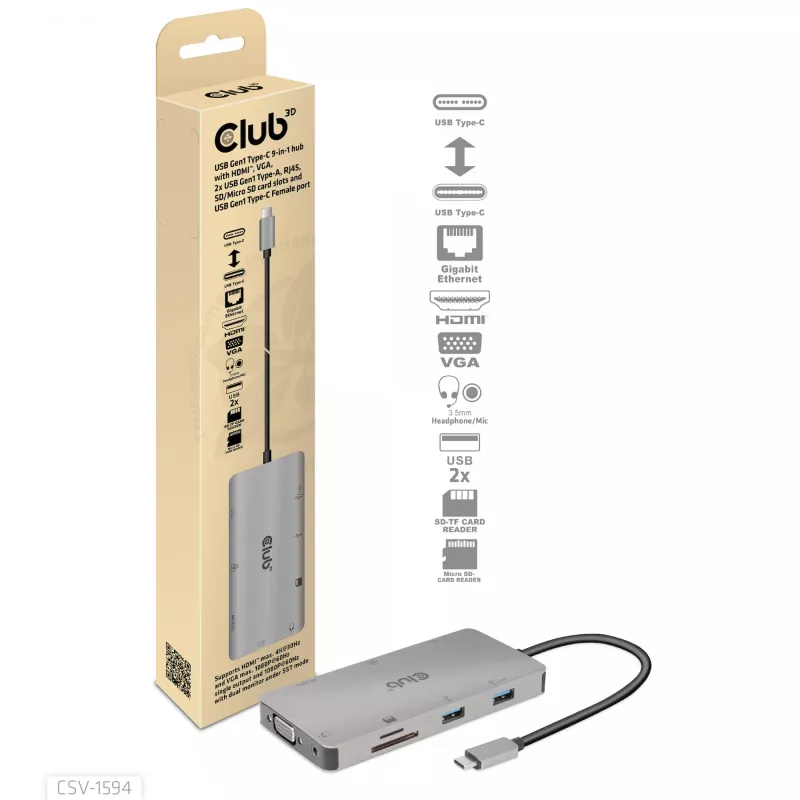 Hub USB Gen1 Type-C 9 em 1 CLUB3D com HDMI, VGA, 2x USB Gen1 Type-A, RJ45, slots para cartões SD/Micro SD e conector fêmea USB Gen1 Type-C