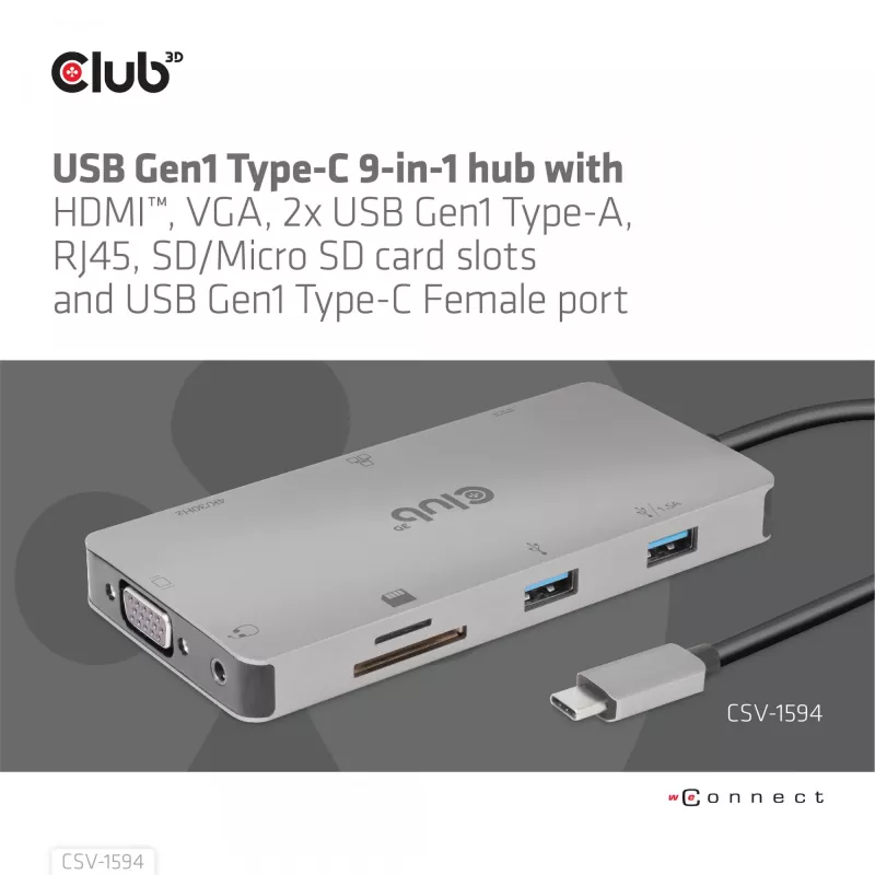 Hub USB Gen1 Type-C 9 em 1 CLUB3D com HDMI, VGA, 2x USB Gen1 Type-A, RJ45, slots para cartões SD/Micro SD e conector fêmea USB Gen1 Type-C