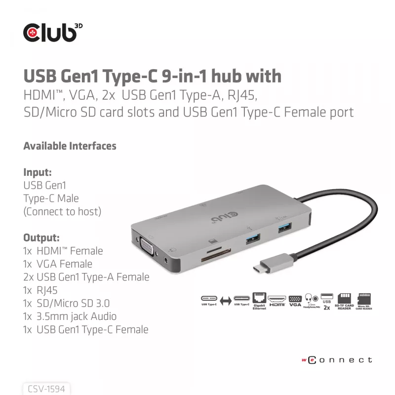 Hub USB Gen1 Type-C 9 em 1 CLUB3D com HDMI, VGA, 2x USB Gen1 Type-A, RJ45, slots para cartões SD/Micro SD e conector fêmea USB Gen1 Type-C