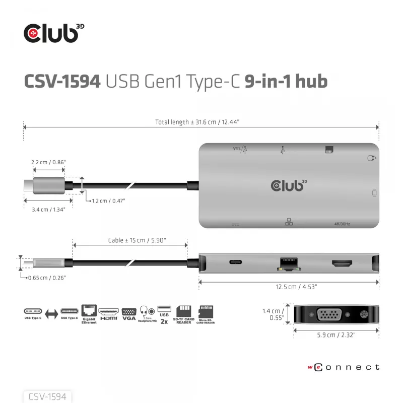 Hub USB Gen1 Type-C 9 em 1 CLUB3D com HDMI, VGA, 2x USB Gen1 Type-A, RJ45, slots para cartões SD/Micro SD e conector fêmea USB Gen1 Type-C