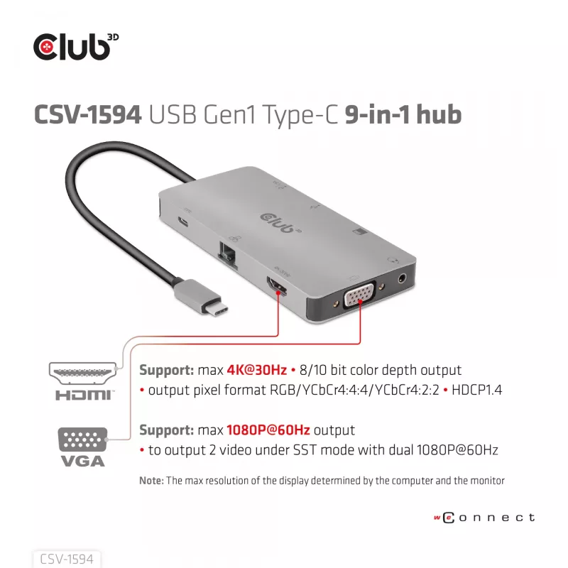 Hub USB Gen1 Type-C 9 em 1 CLUB3D com HDMI, VGA, 2x USB Gen1 Type-A, RJ45, slots para cartões SD/Micro SD e conector fêmea USB Gen1 Type-C