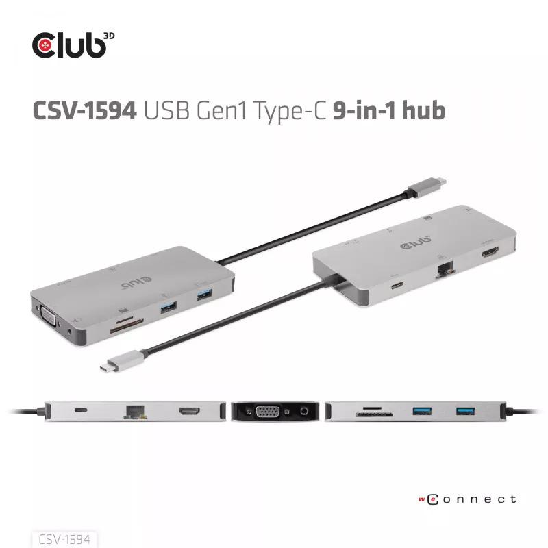 Hub USB Gen1 Type-C 9 em 1 CLUB3D com HDMI, VGA, 2x USB Gen1 Type-A, RJ45, slots para cartões SD/Micro SD e conector fêmea USB Gen1 Type-C