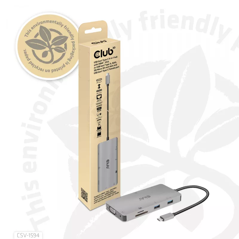Hub USB Gen1 Type-C 9 em 1 CLUB3D com HDMI, VGA, 2x USB Gen1 Type-A, RJ45, slots para cartões SD/Micro SD e conector fêmea USB Gen1 Type-C