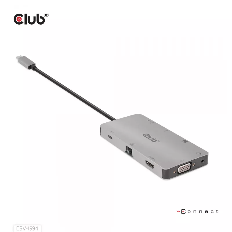 Hub USB Gen1 Type-C 9 em 1 CLUB3D com HDMI, VGA, 2x USB Gen1 Type-A, RJ45, slots para cartões SD/Micro SD e conector fêmea USB Gen1 Type-C