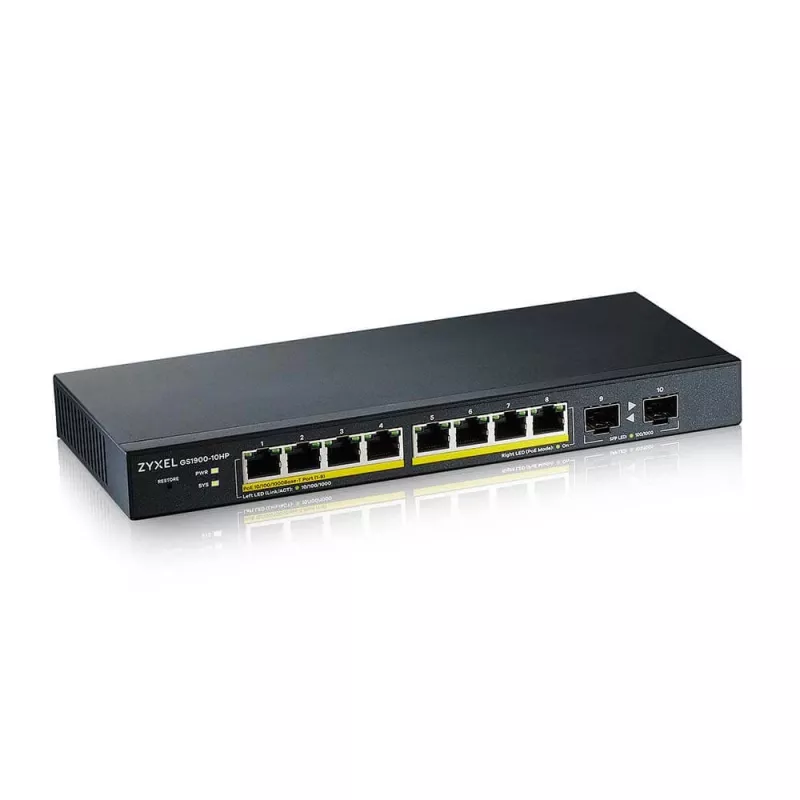 Zyxel GS1900-10HP Managed L2 Gigabit Ethernet (10/100/1000) Power over Ethernet (PoE) preto