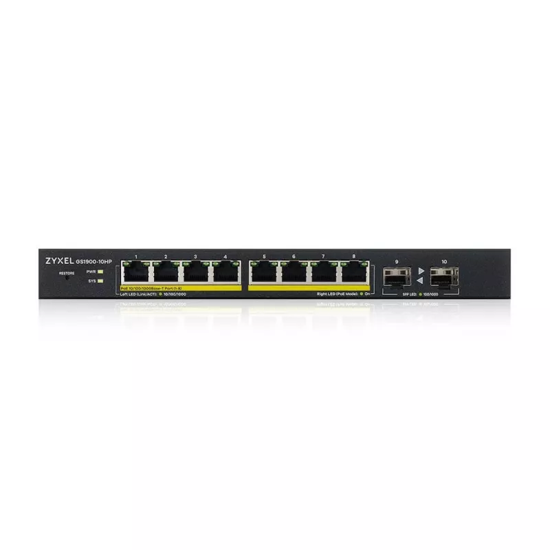 Zyxel GS1900-10HP Managed L2 Gigabit Ethernet (10/100/1000) Power over Ethernet (PoE) preto