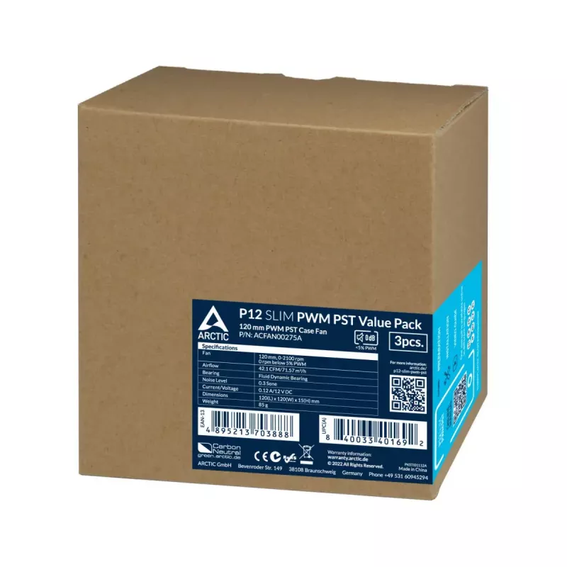 ARCTIC P12 Slim PWM PST ventoinha de caixa 120 mm, pack de 3, preta