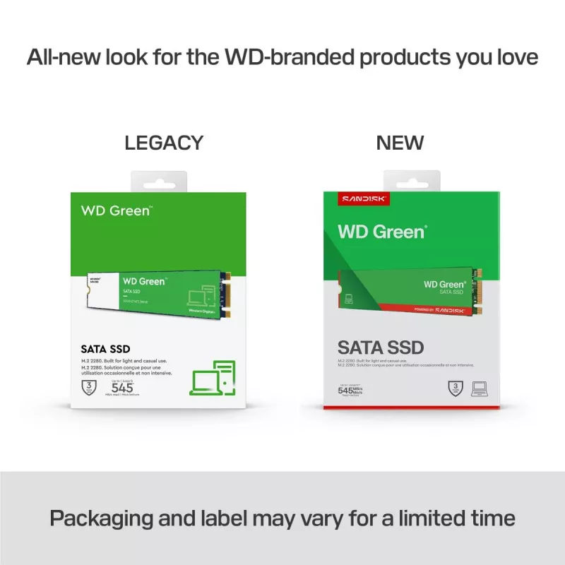 SSD WESTERN DIGITAL - WD Green - 480 GB - SATA 6 Gbit/s - M.2 2280 - MTTF 2,0 milhões de horas