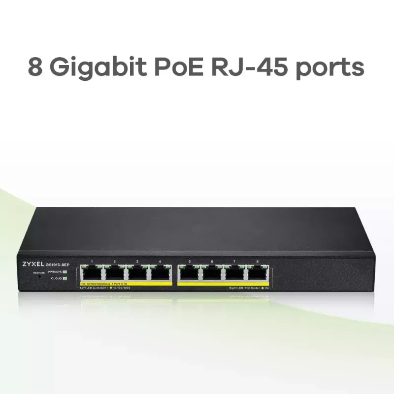 Zyxel GS1915-8EP Managed L2 Gigabit Ethernet (10/100/1000) Power over Ethernet (PoE) preto