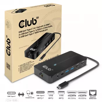 Hub CLUB3D Type-C 7-em-1 com 2x HDMI, 2x USB Gen1 Type-A, 1x RJ45, 1x áudio 3,5 mm, 1x conector fêmea USB Gen1 Type-C 100W